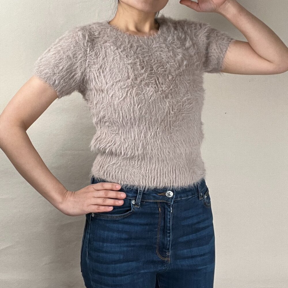 Zara Fuzzy Taupe Short Sleeve Sweater Size Medium